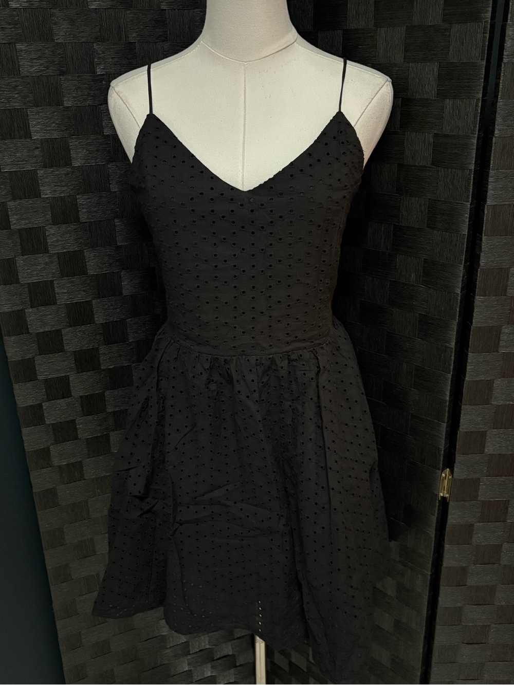 H&M Black Broderie Anglaise Eyelet Strappy Cotton Mini Skater Dress